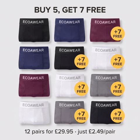 Buy 5 get 7 free, 12 pairs of ECOAWEAR bamboo boxers for £29.95